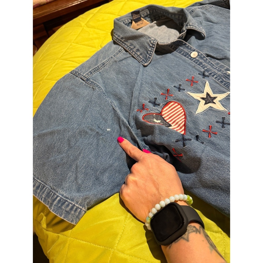 Natural Impressions Denim Shirt Women XL Blue Good Patriotic Stars Americana - Picture 6 of 10